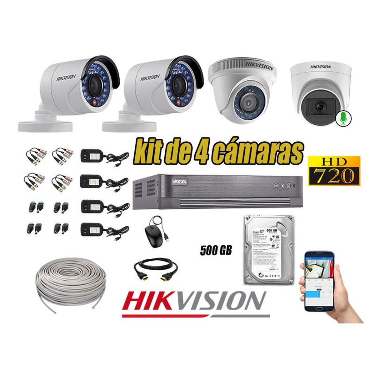 Hikvision - CÁMARAS SEGURIDAD KIT 4 HD 720P + DISCO 500GB 1 CAMARA MICROFONO