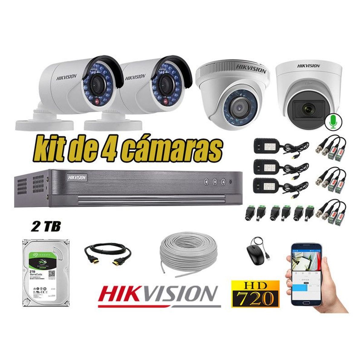 Hikvision - CÁMARAS SEGURIDAD KIT 4 HD 720P + DISCO 2TB 1 CAMARA MICROFONO