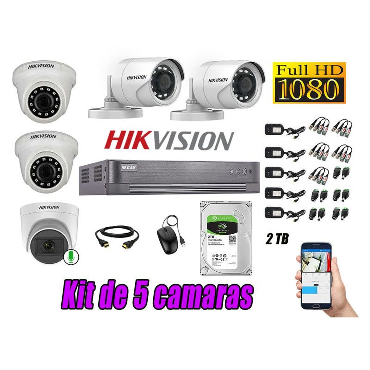 HIKVISION - CÁMARAS SEGURIDAD KIT 5 FULL HD 1080P+ DISCO 2TB 1 CAMARA MICROFONO