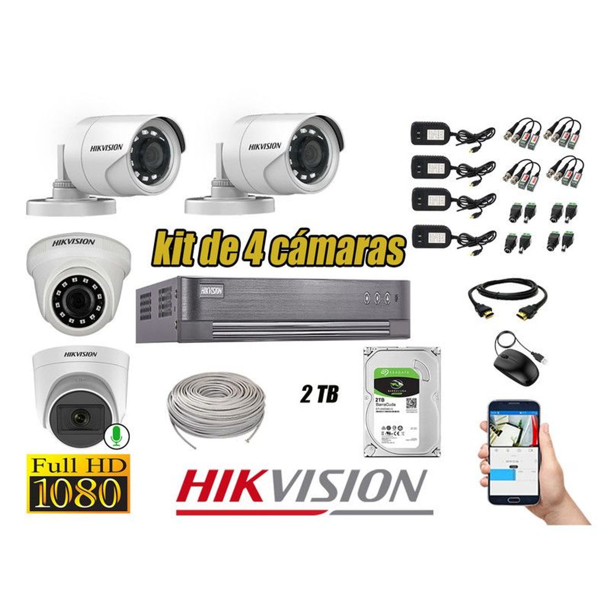 HIKVISION - CÁMARAS SEGURIDAD KIT 4 FULL HD 1080P + DISCO 2TB 1 CAMARA MICROFONO