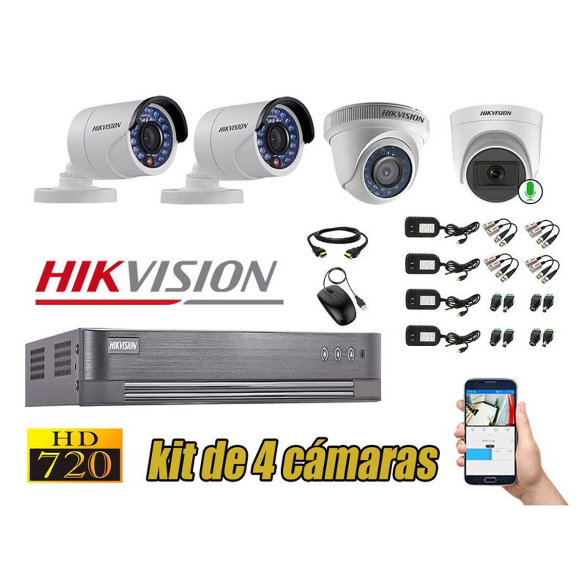 HIKVISION - CÁMARAS SEGURIDAD KIT 4 HD 720P 1 CAMARA MICROFONO