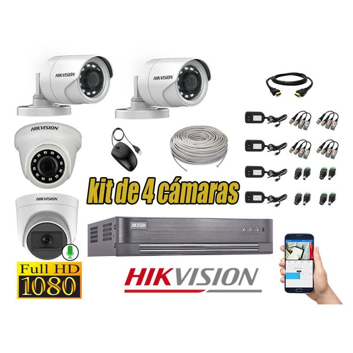 HIKVISION - CÁMARAS SEGURIDAD KIT 4 FULL HD 1080P 1 CAMARA MICROFONO