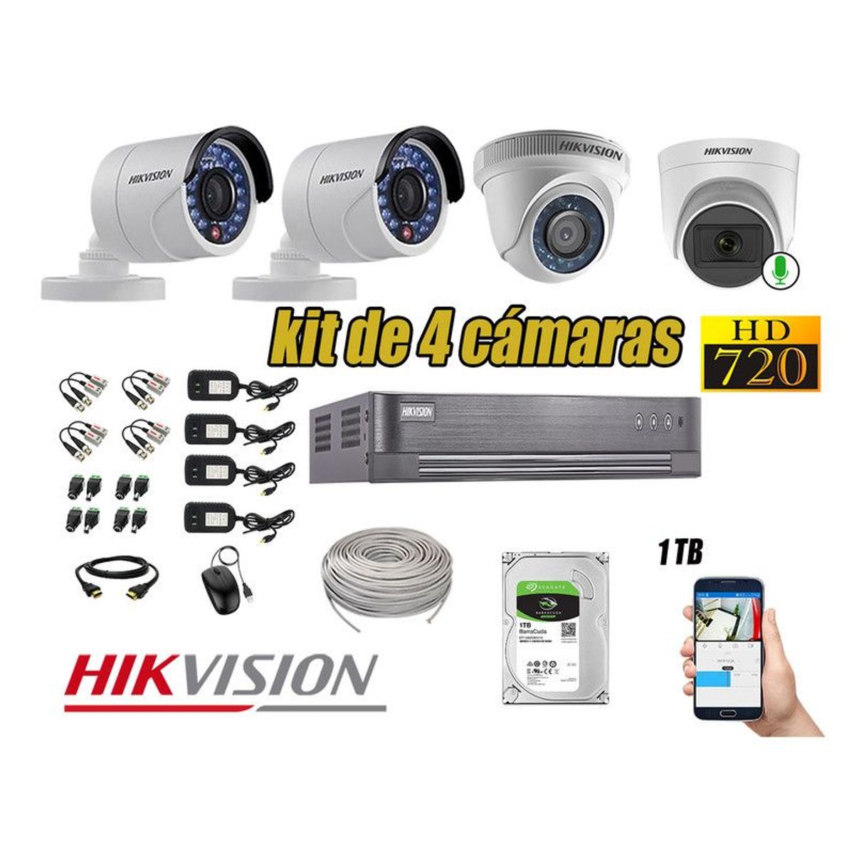 HIKVISION - CÁMARAS SEGURIDAD KIT 4 HD 720P + DISCO 1TB 1 CAMARA MICROFONO