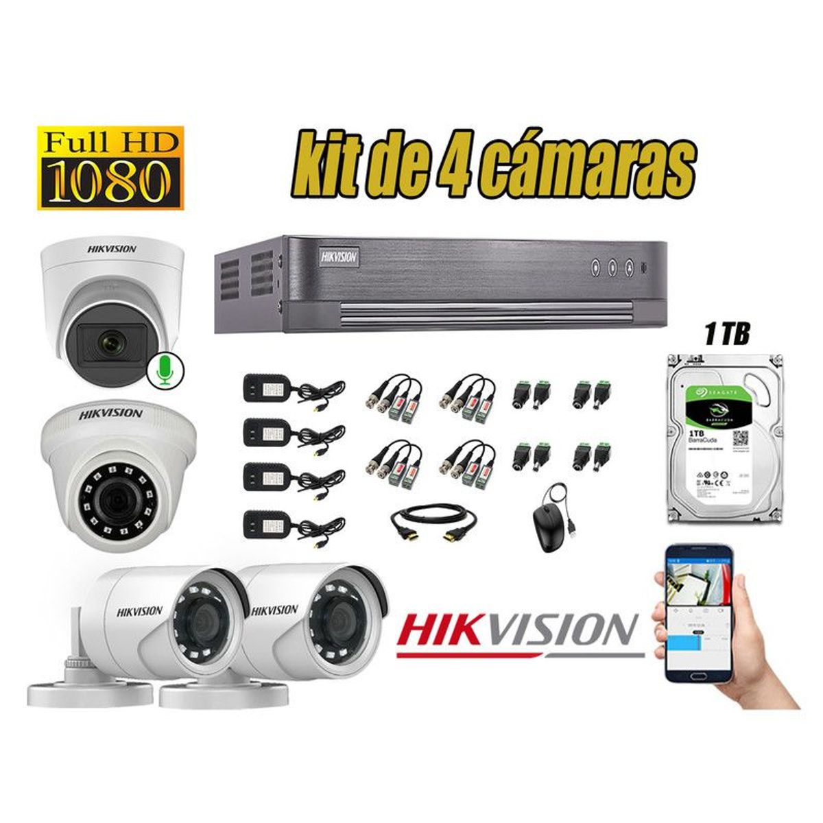 HIKVISION - CÁMARAS SEGURIDAD KIT 4 FULL HD 1080P + DISCO 1TB 1 CAMARA MICROFONO