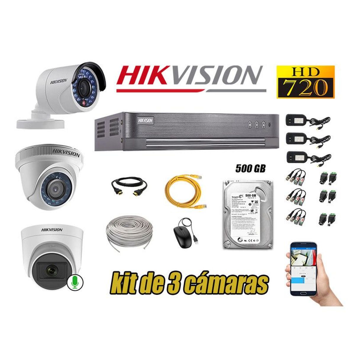Hikvision - CÁMARAS SEGURIDAD KIT 3 HD 720P + DISCO 500GB 1 CAMARA MICROFONO