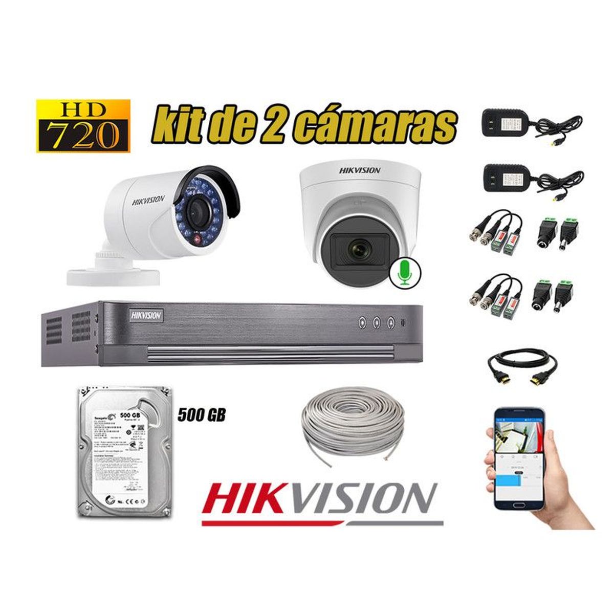 HIKVISION - CÁMARAS SEGURIDAD KIT 2 HD 720P + DISCO 500GB 1 CAMARA MICROFONO