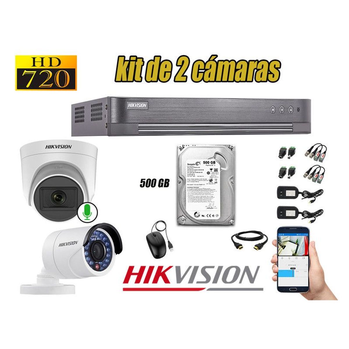 HIKVISION - CÁMARAS SEGURIDAD KIT 2 HD 720P + DISCO 500GB 1 CAMARA MICROFONO