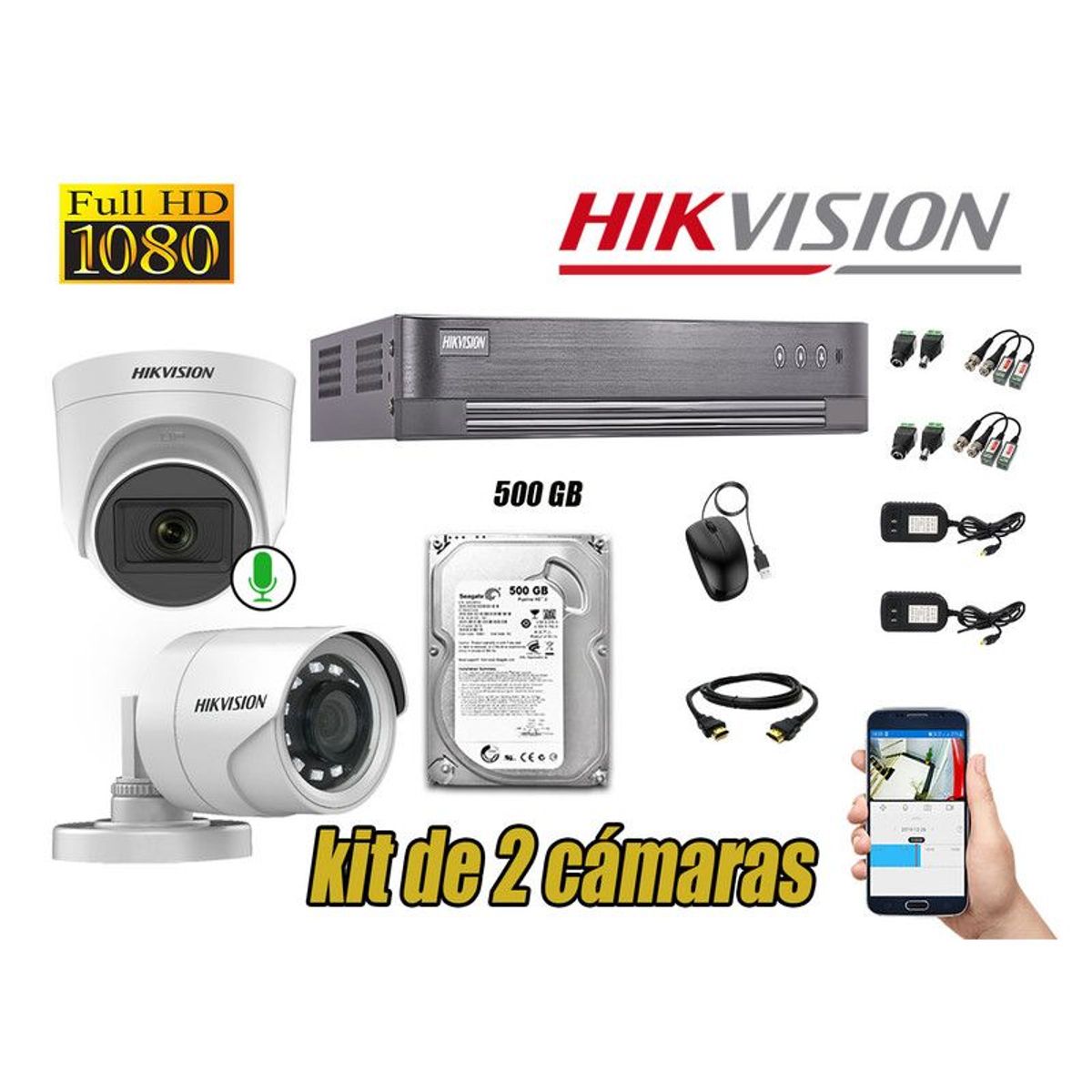HIKVISION - CÁMARAS SEGURIDAD KIT 2 FULL HD 1080P + DISCO 500GB 1 CAMARA MICROFONO