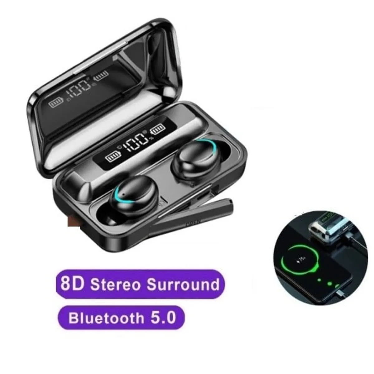 CLN TECH - Audífonos inalámbricos Pantalla LED Bluetooth F9 con power bank- negro