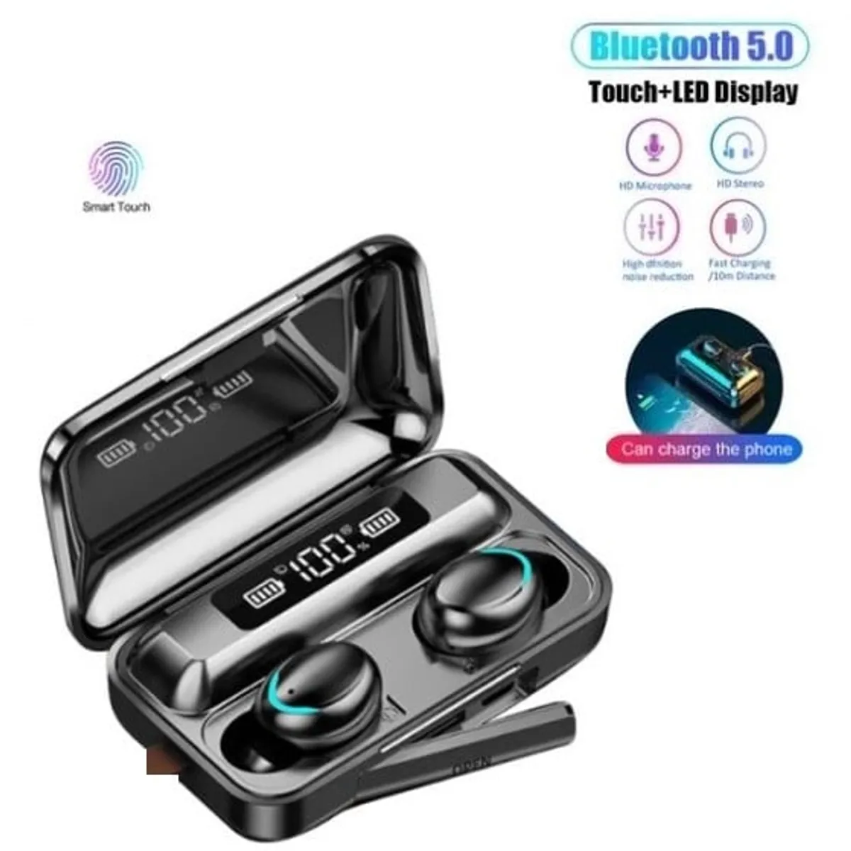 CLN TECH - Audífonos inalámbricos Pantalla LED Bluetooth F9 con power bank- negro