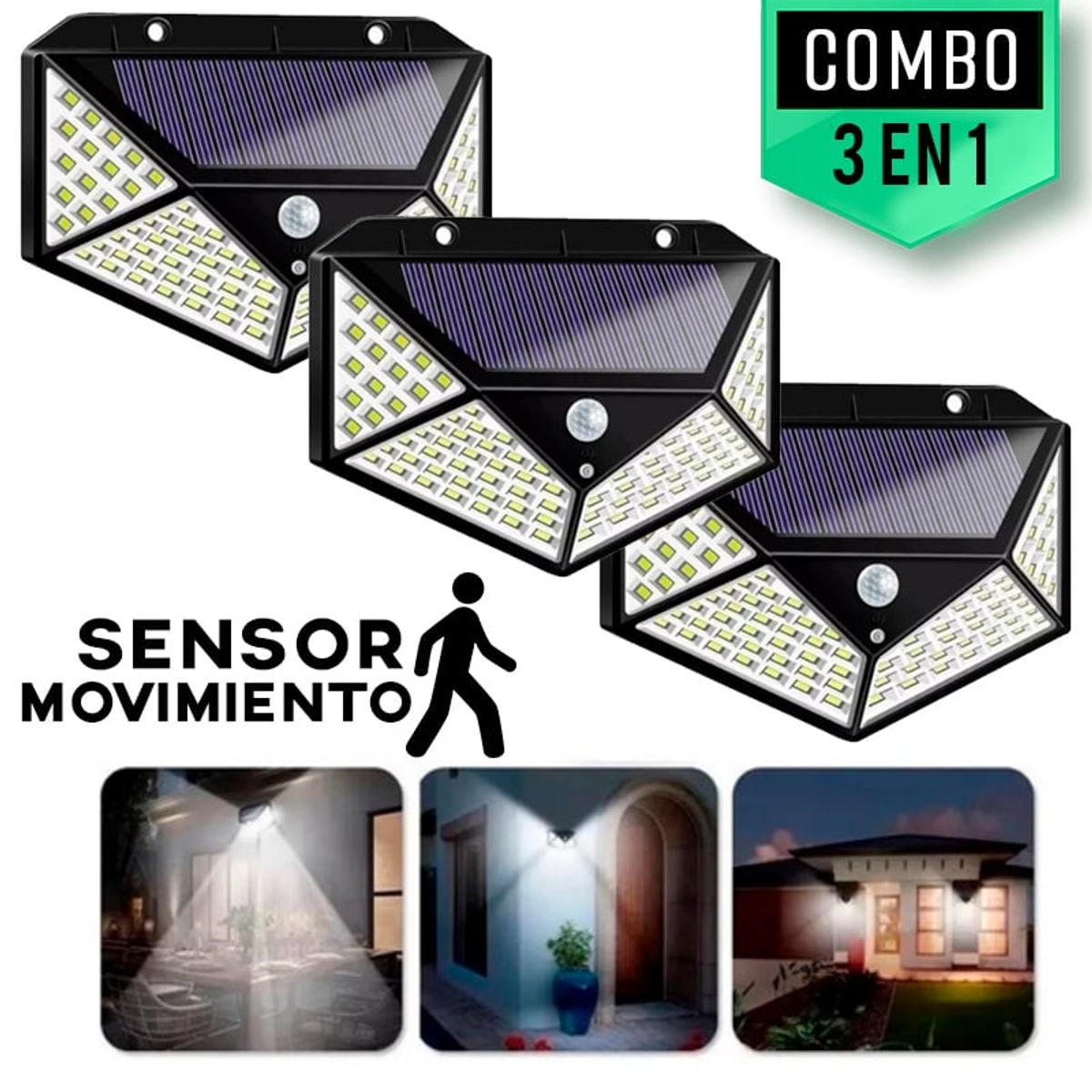 GENERICO - Kit 3 lamparas solar con sensor de movimiento luz reflector 100 leds