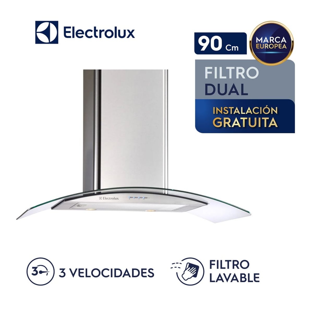 ELECTROLUX - Campana decorativa electrolux 90 cm vidrio curvo EJWB362TDIS