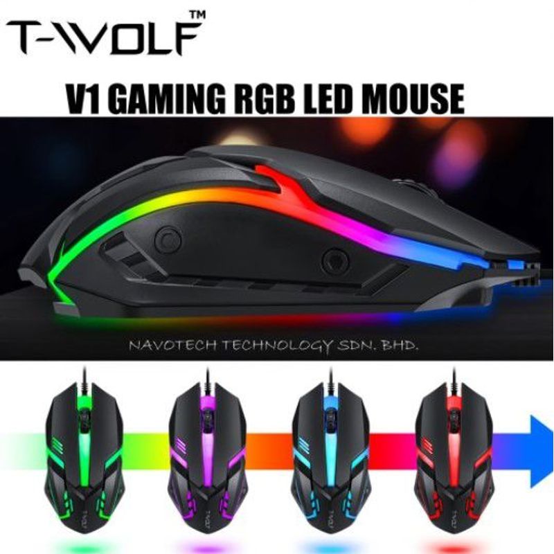 TWOLF - Mouse optico gamer V1 - T-WOLF - RGB negro
