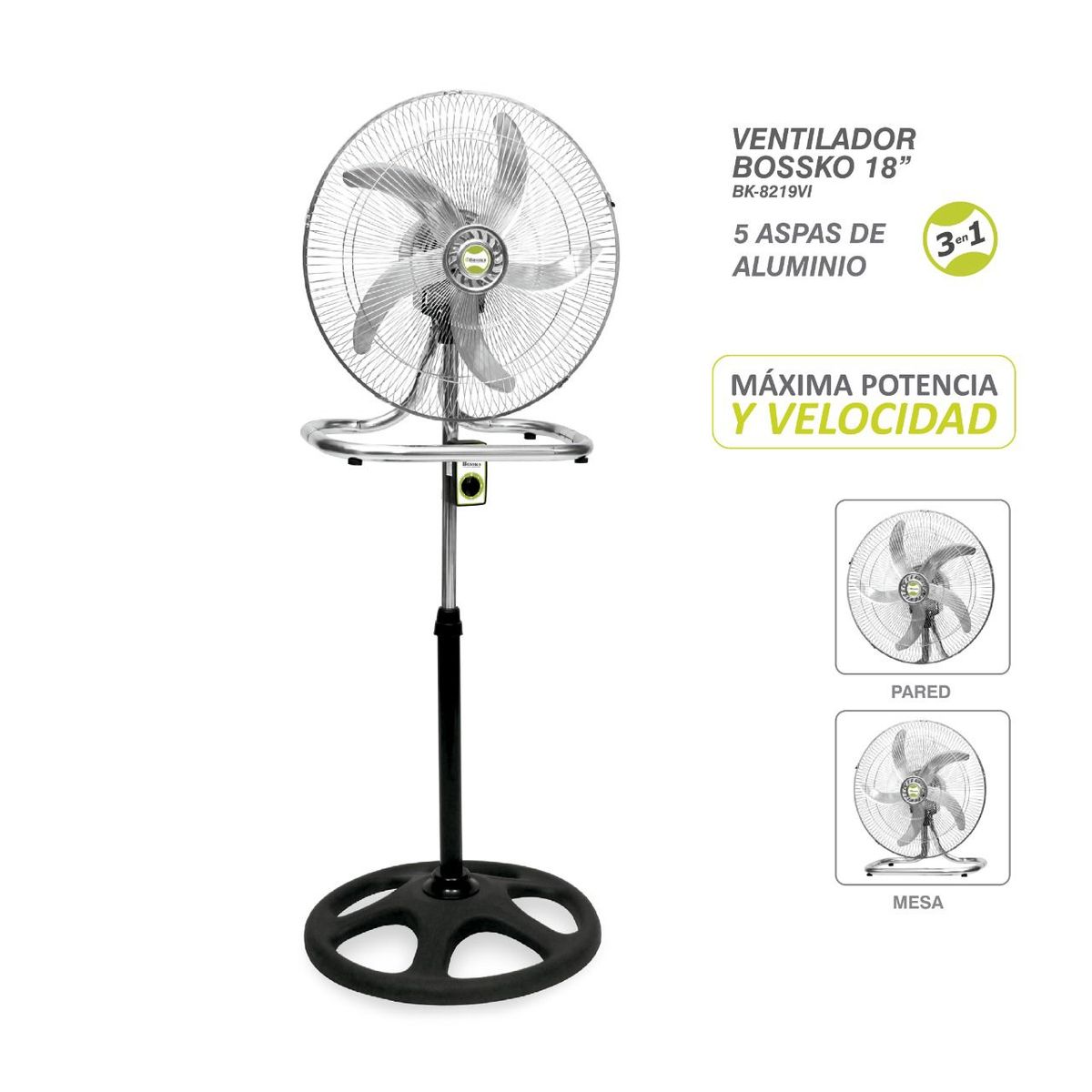 BOSSKO - Ventilador de 5 Aspas 3en1 De 18? 200W  BK-8219VI
