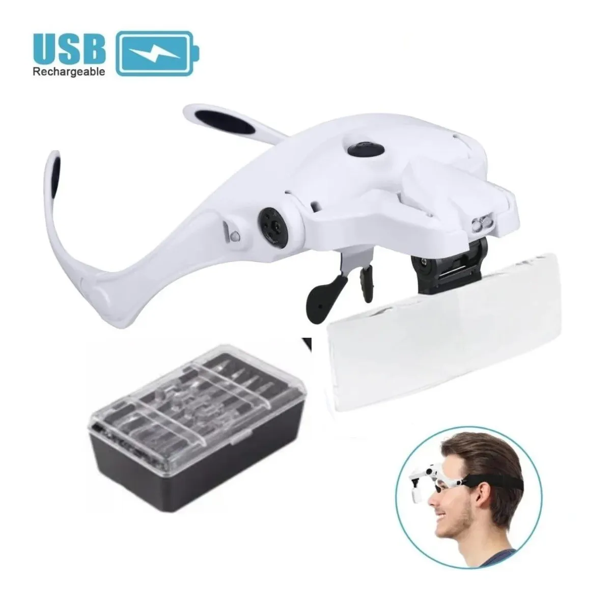 GENERICO - Lupa Lente De Cabeza Recargable Con Luz + 5 Lentes