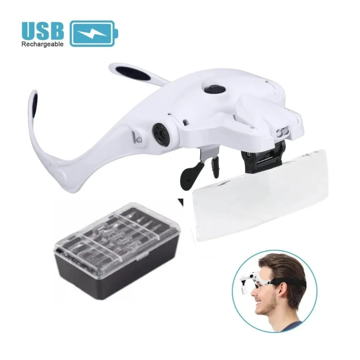 GENERICO - Lupa Lente De Cabeza Recargable Con Luz + 5 Lentes