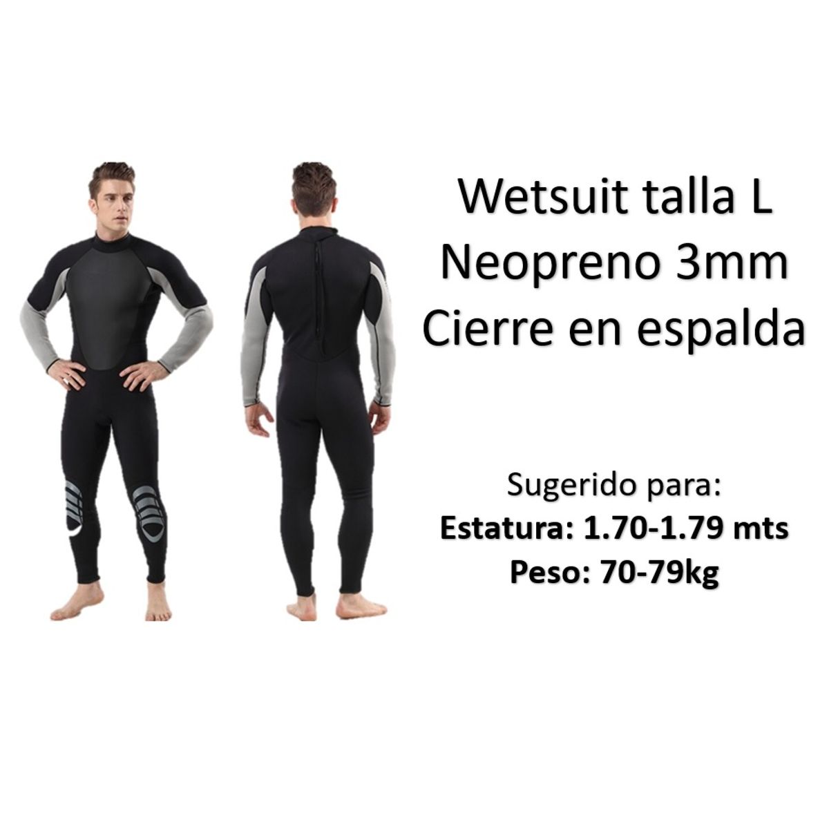 GENERICO - Wetsuit L Neopreno 3mm Negro Plomo Cierre Espalda