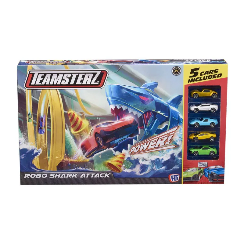 TEAMSTERZ - Juguete Pista Ataque Tiburón + 5 Autos Teamsterz