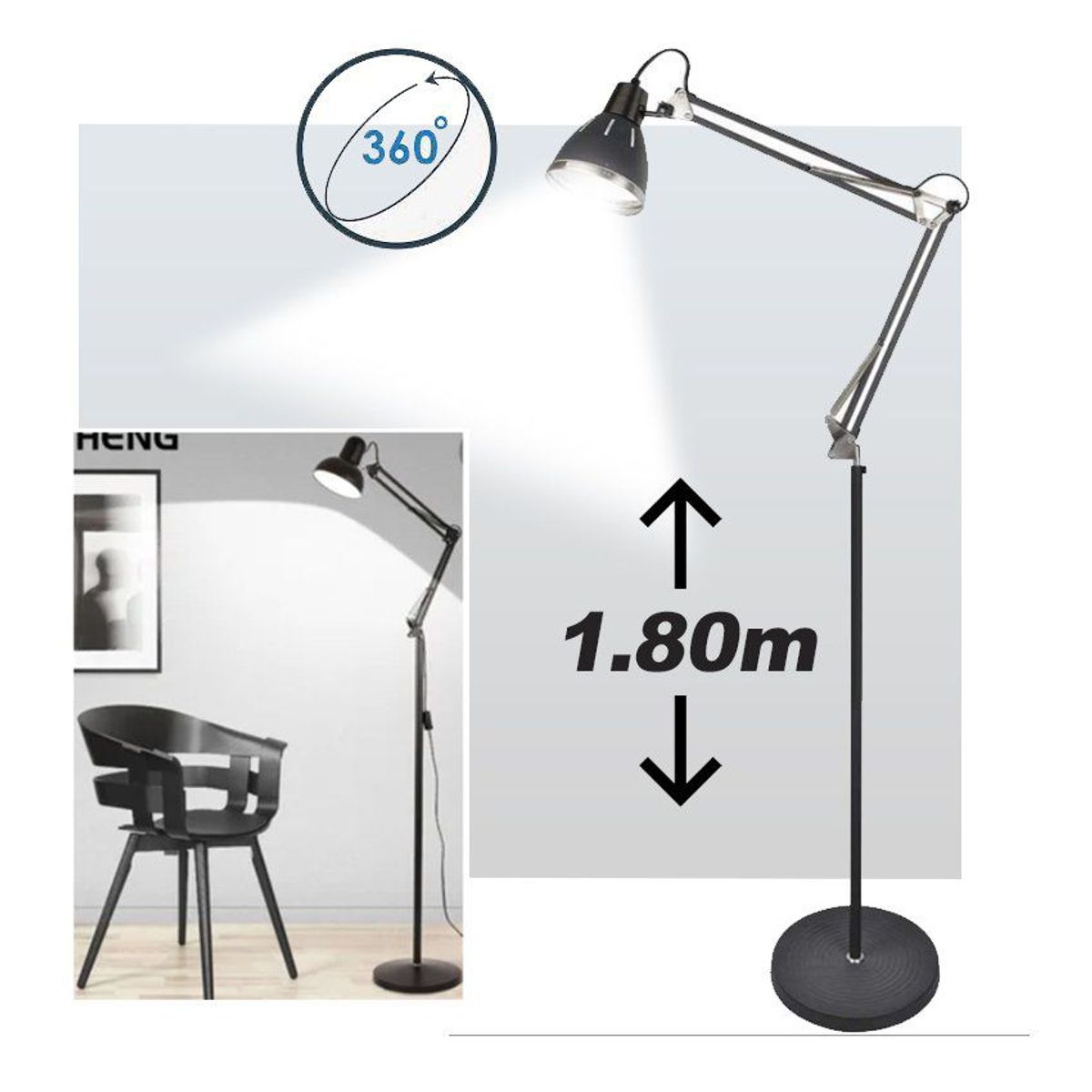 SEISA - Lampara de piso económica pie gigante 1.8 metros flexible ajustable