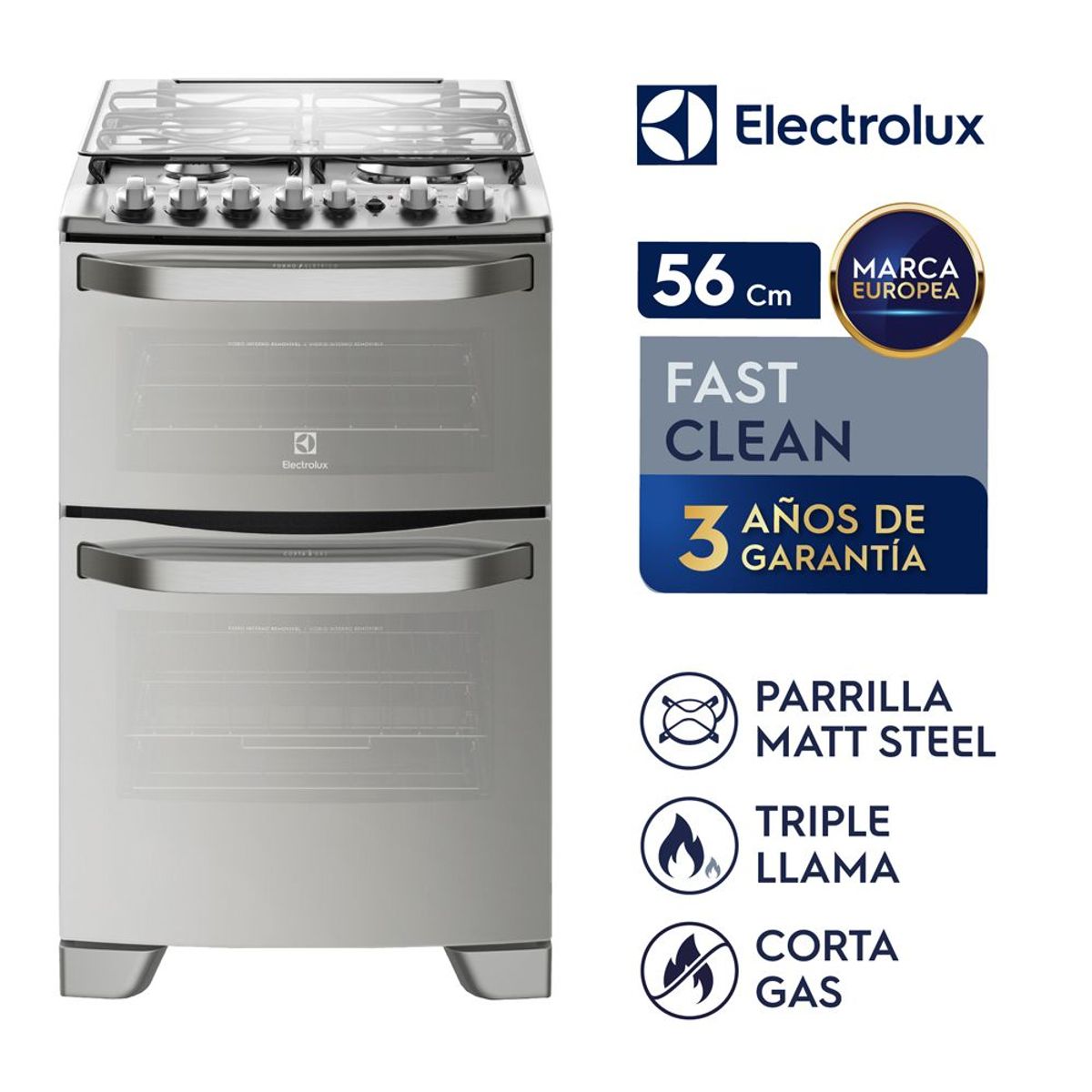 ELECTROLUX - Cocina FS Electrolux Doble Horno 4 Quemadores Triple Llama 56DXQ