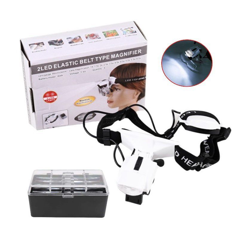 GENERICO - Lupa Visera De Cabeza Con Luz Led + 5 Lentes Para Reparación