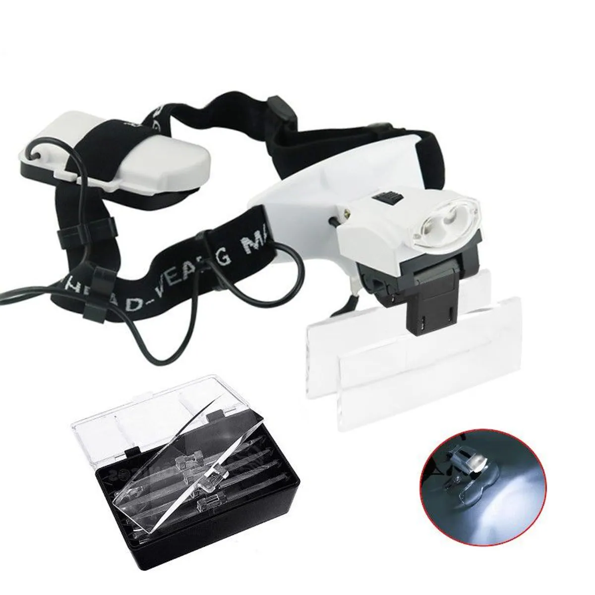 GENERICO - Lupa Visera De Cabeza Con Luz Led + 5 Lentes Para Reparación