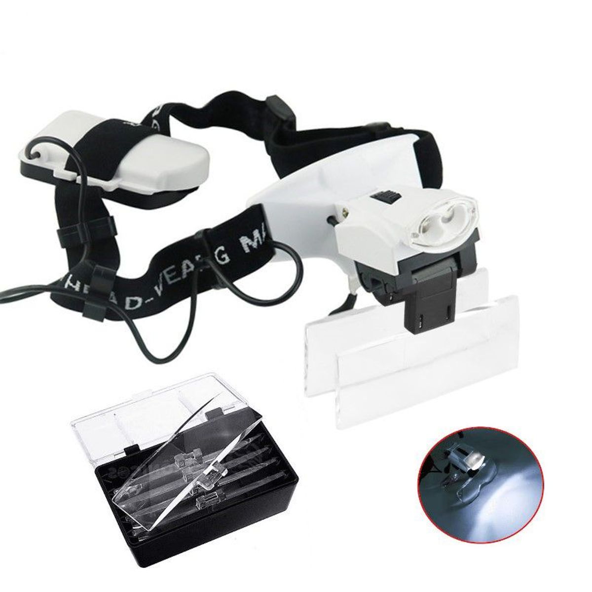 GENERICO - Lupa Visera De Cabeza Con Luz Led + 5 Lentes Para Reparación