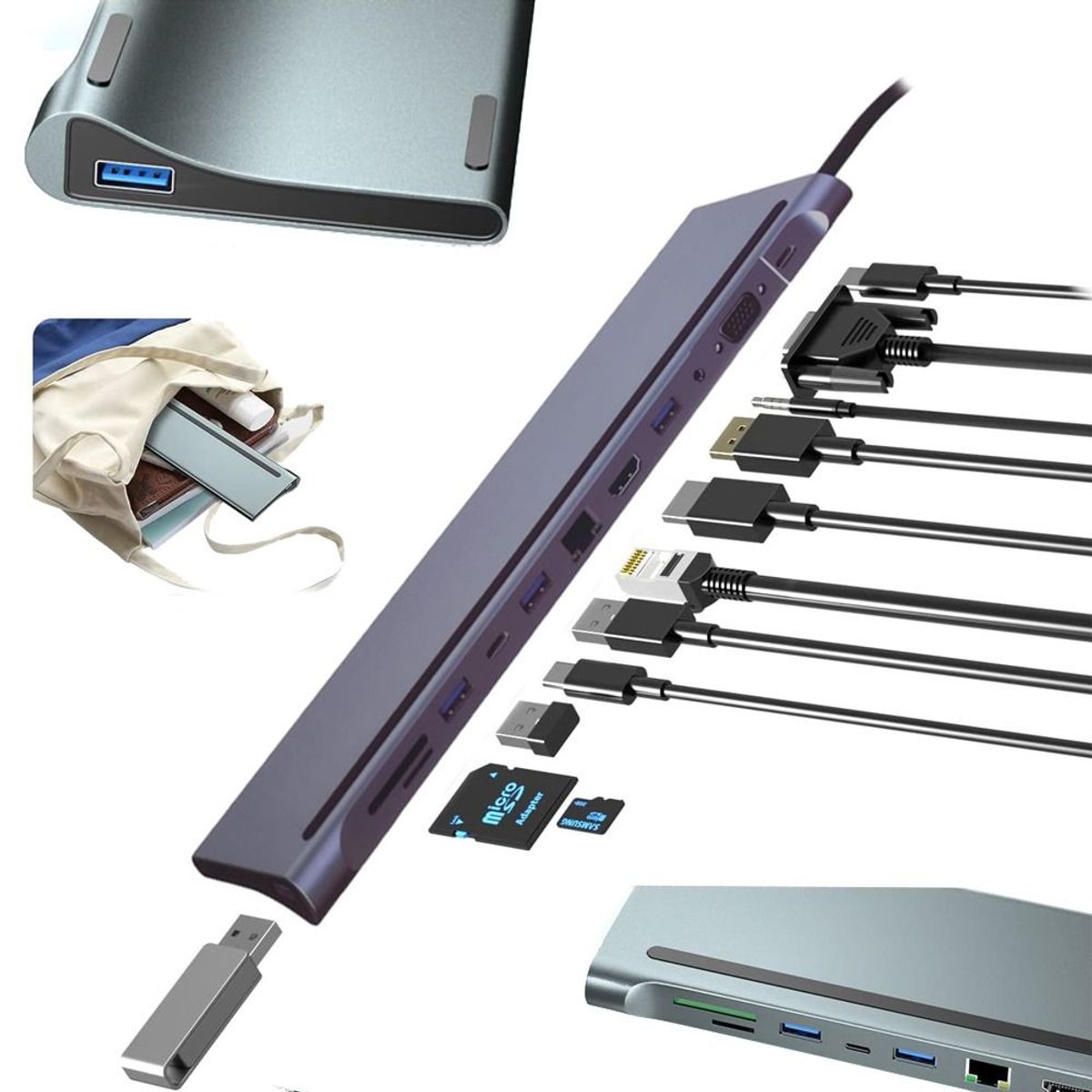 GENERICO - Adaptador Tipo C 12 En 1 Multiport Hub Estacion Lan Hdmi Vga