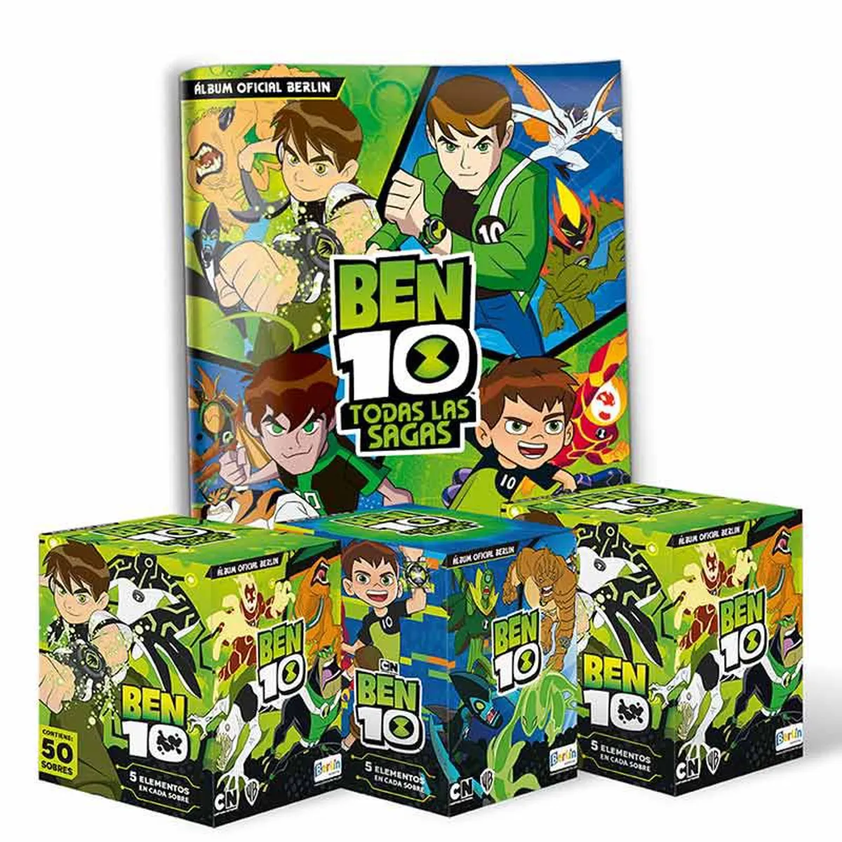 EDITORIAL BERLIN - Ben 10 TODAS LAS SAGAS, 1 Álbum Tapa Blanda + 3 Cajitas (150 Sobres)