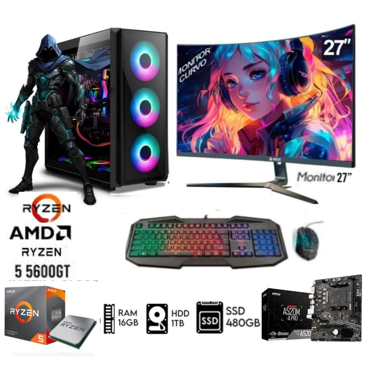 AMD - Computadora PC GAMER RYZEN 5 5600GT RAM 16GB DISCO 1TB+SSD 480GB MONITOR 27 FHD