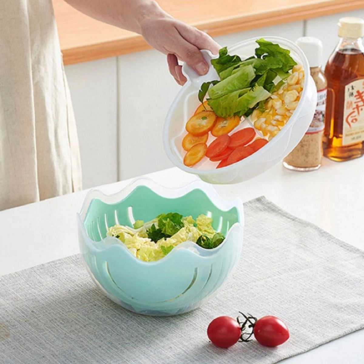 GENERICO - ENSALADERA PARA CORTAR VERDURAS 3 PIEZAS VERDE