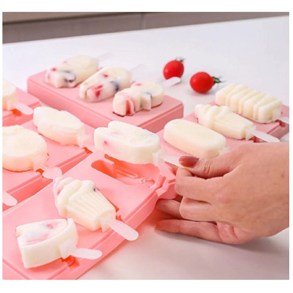 GENERICO - SET X3 MOLDES DE SILICONA PARA HELADOS PALETAS CHUPETES ROSADO