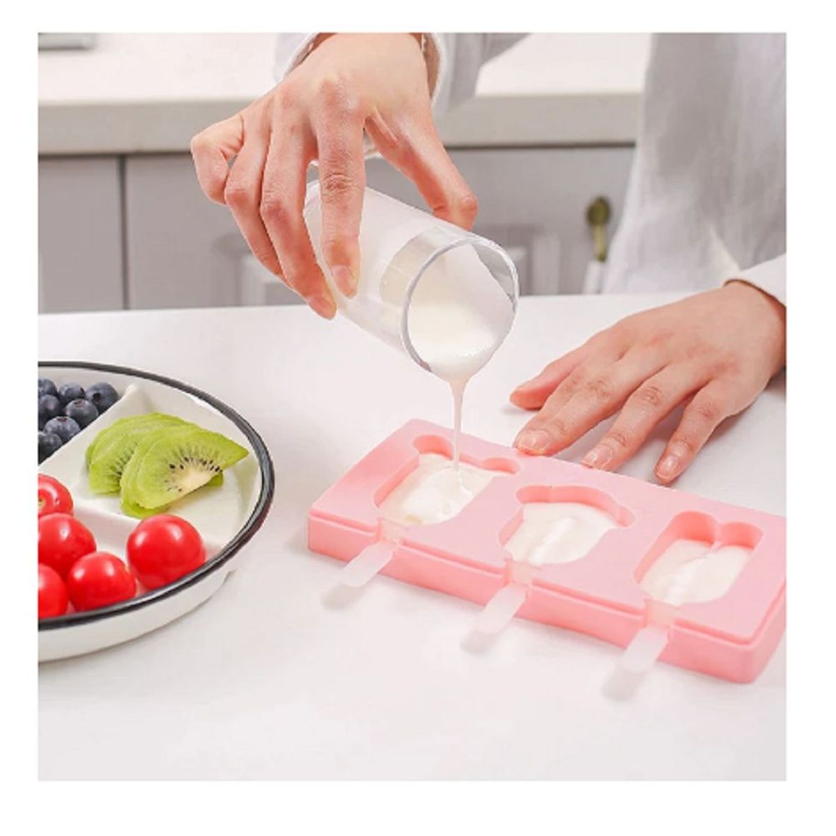 GENERICO - SET X3 MOLDES DE SILICONA PARA HELADOS PALETAS CHUPETES ROSADO