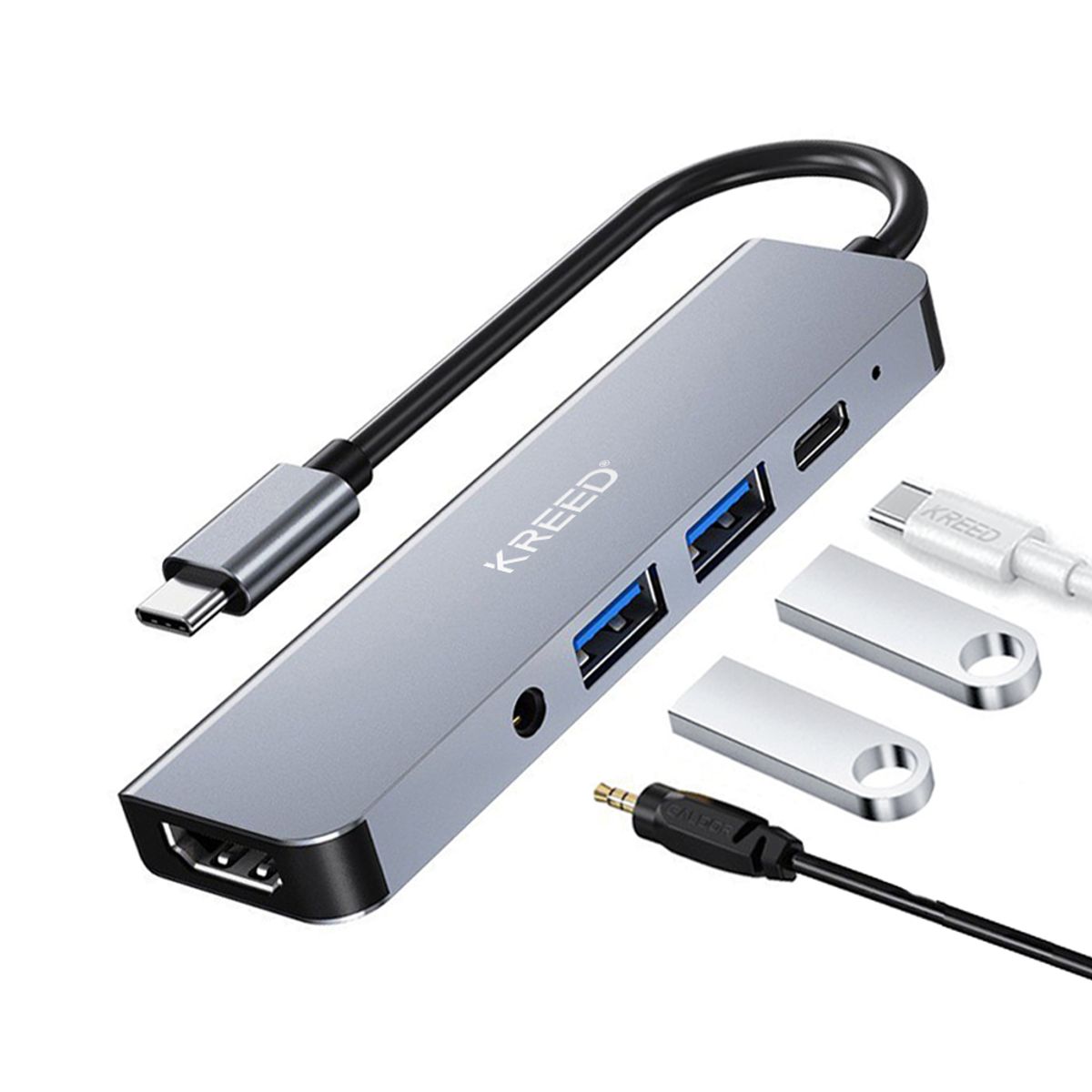 KREED - Adaptador 5 en 1 Tipo C a HDMI / 3.5mm / USB 3.X2 / PD