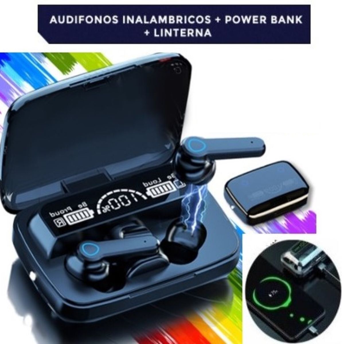 CLN TECH - Audífonos inalámbricos LED Bluetooth M19-U con powerbank y linterna