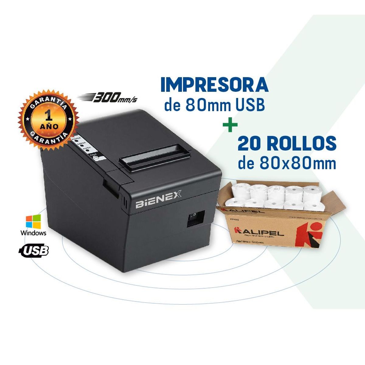 BIENEX - Impresora ticketera termica USB 80mm BIENEX + 20 Papel Termico.