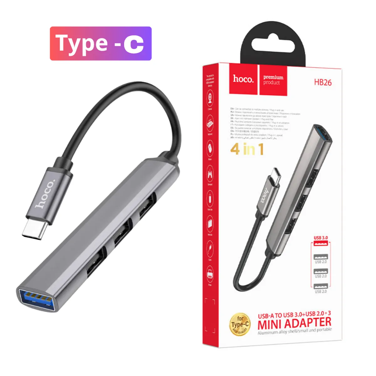 HOCO - Hub Adaptador Multipuerto Tipo-C a USB 4 en 1 Hoco para Laptop Macbook
