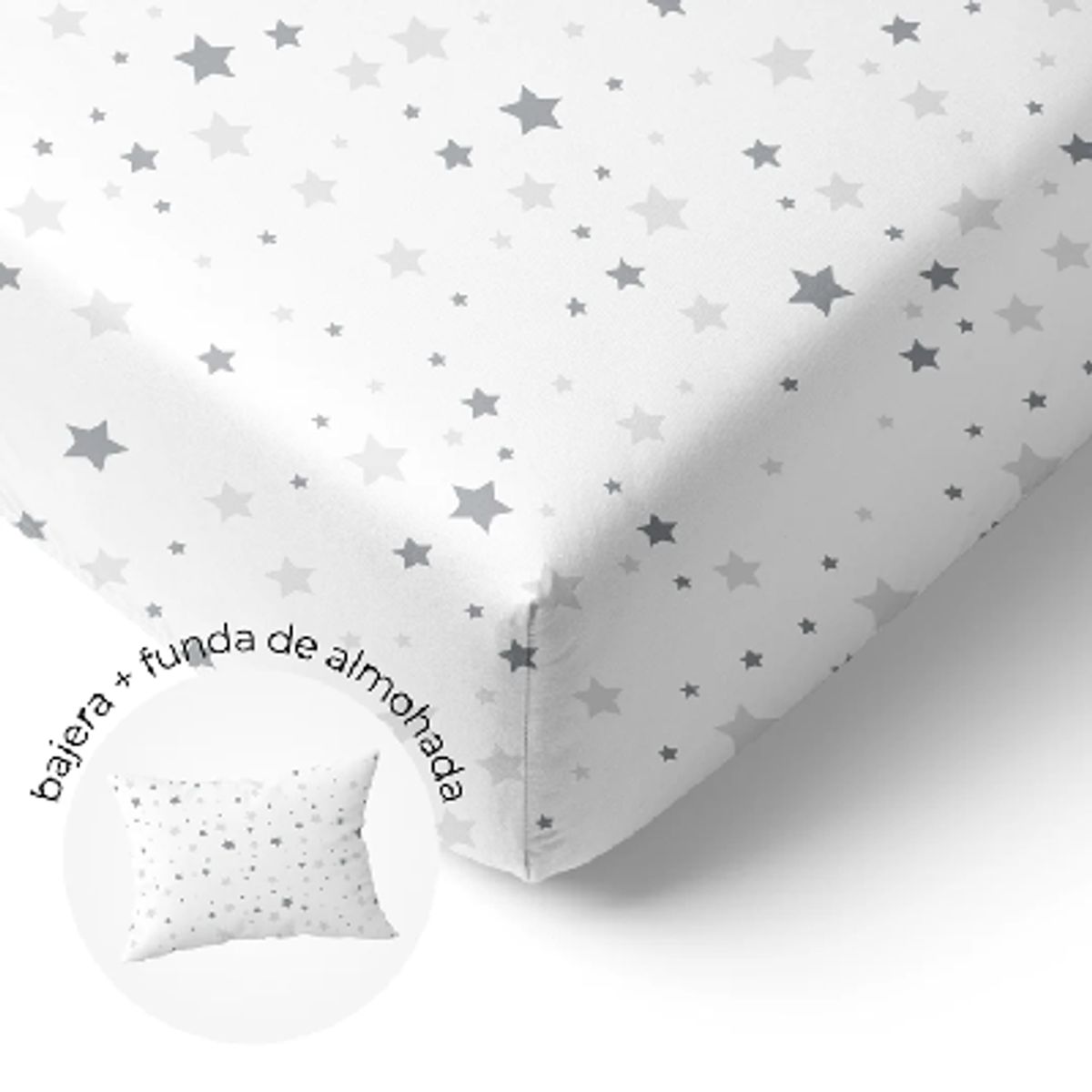 GENERICO - Sábana Bajera Cuna + Funda de Almohada Estrella GrisGris