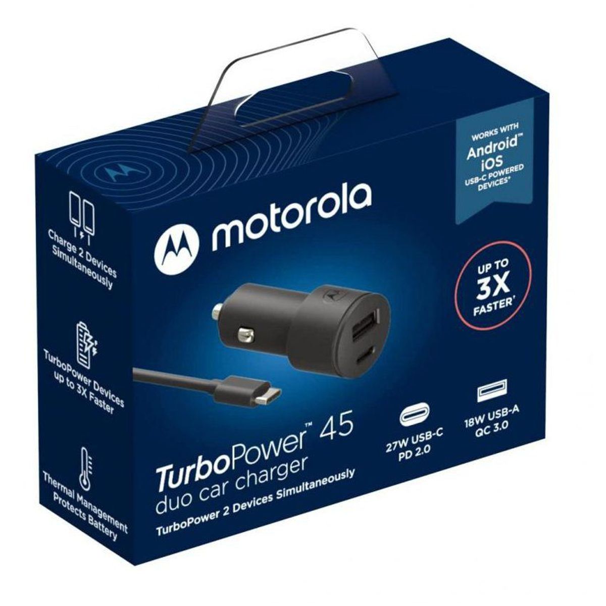 MOTOROLA - Motorola - turbo power 45w duo cargador de auto - cable usb-c - negro