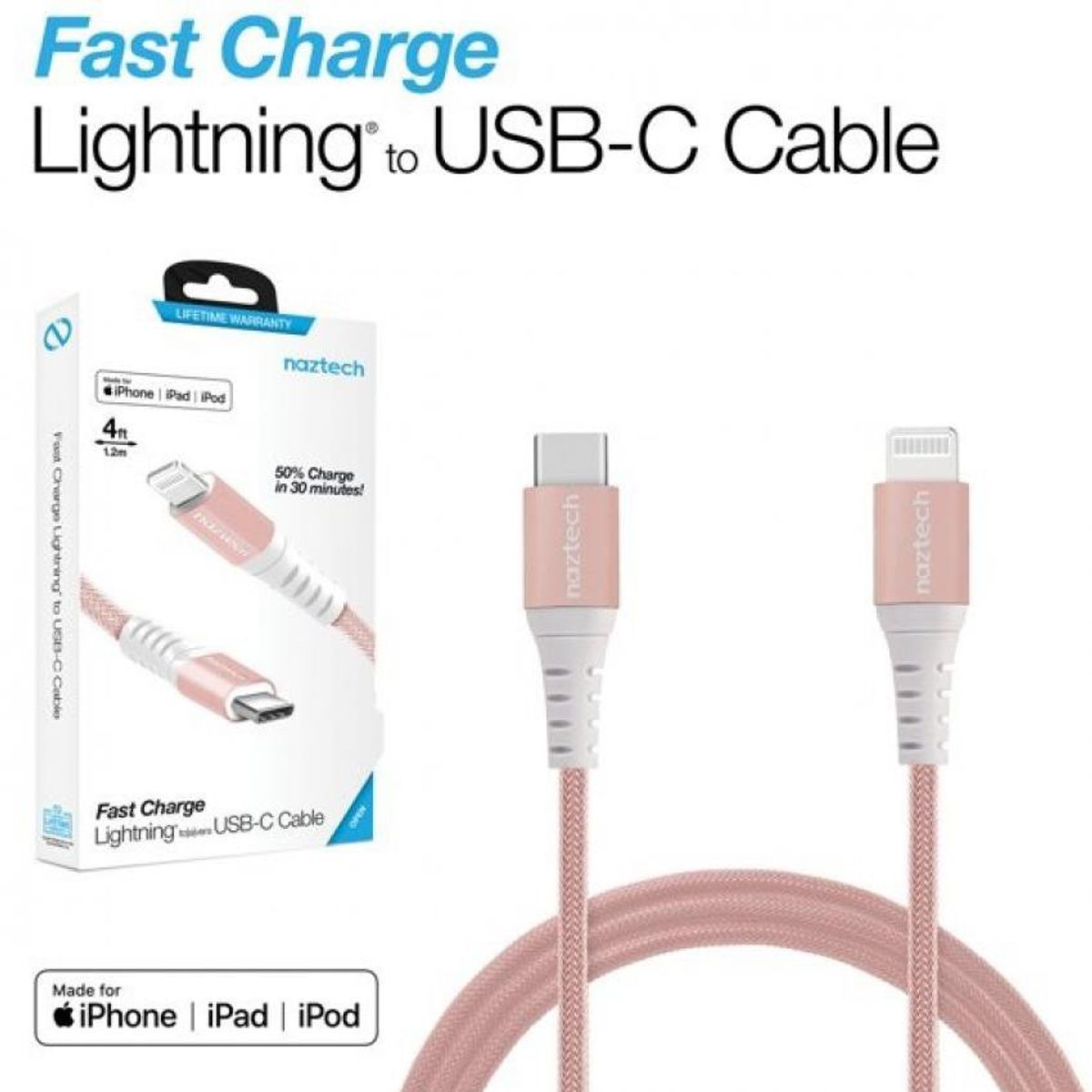 NAZTECH - Cable de titanio - Naztech usb-c to lightning - iPhone - rosa