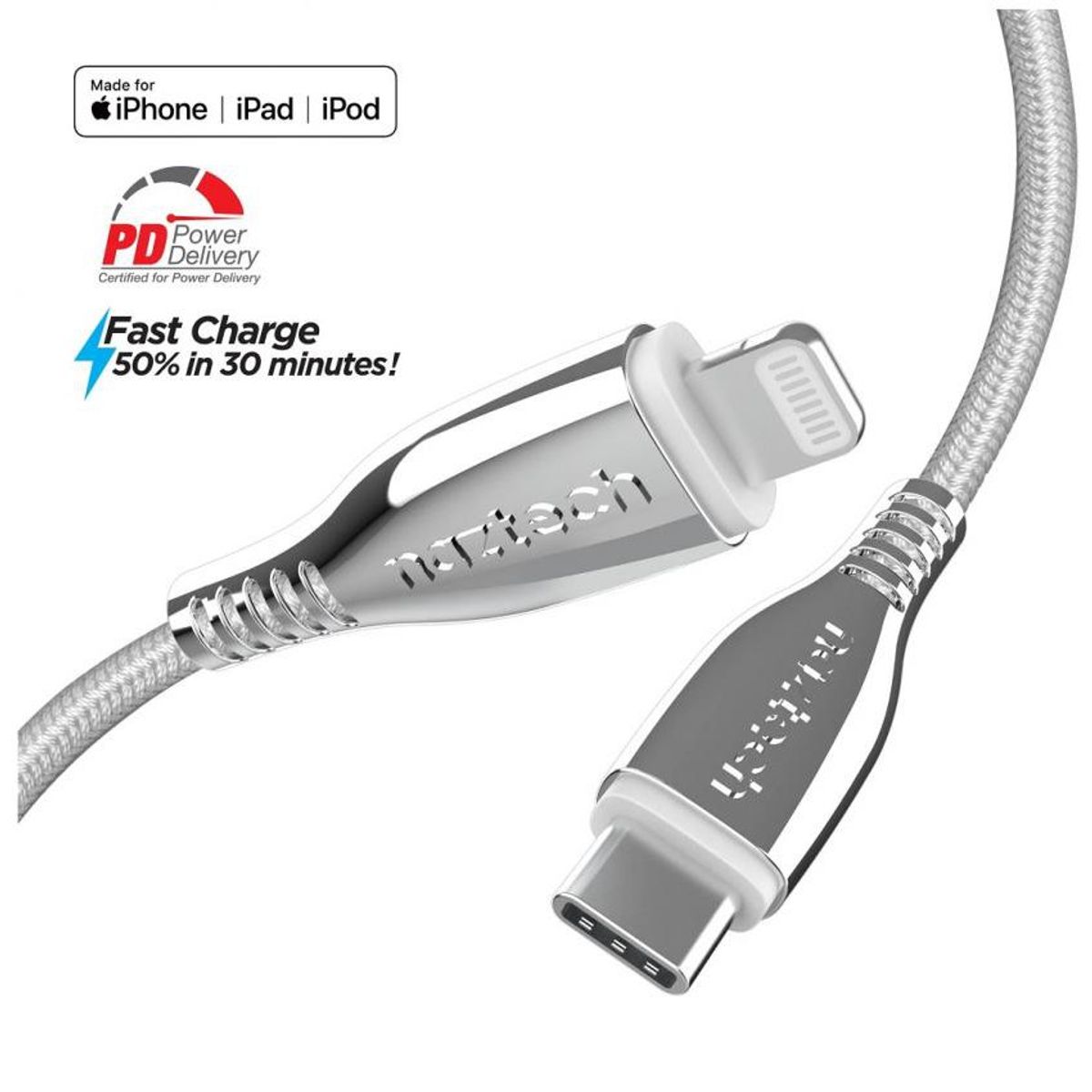 NAZTECH - Cable de titanio - Naztech usb-c to lightning - iPhone - Silver