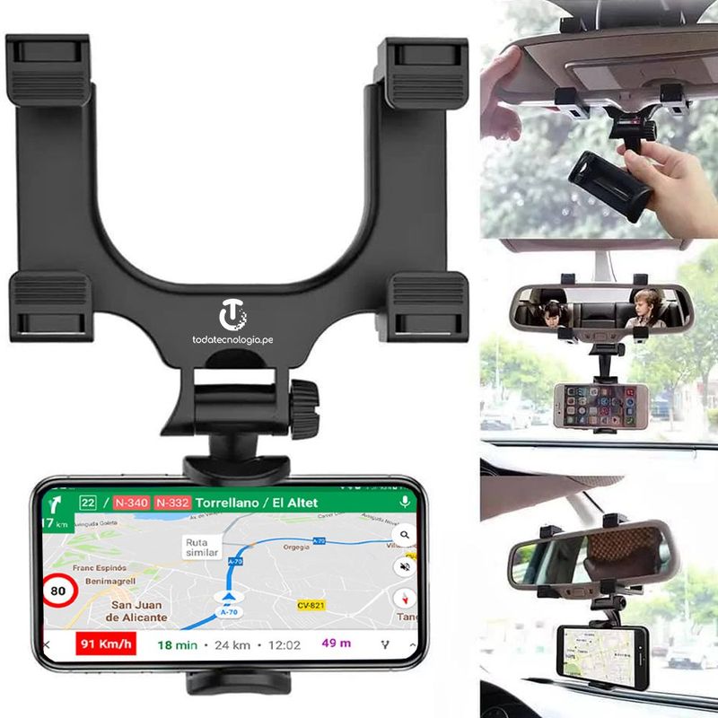 SEISA - Soporte Holder Universal Para Celular En Espejo Retrovisor 360°