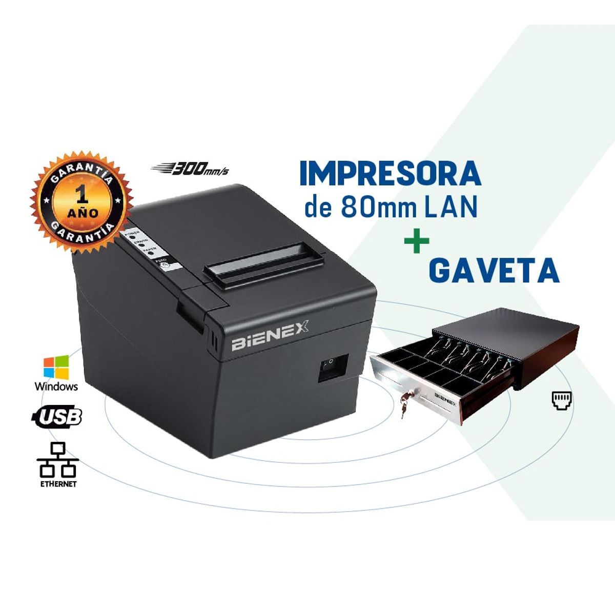 BIENEX - Impresora ticketera termica 80mm USB ETHERNET BIENEXGaveta de dinero.