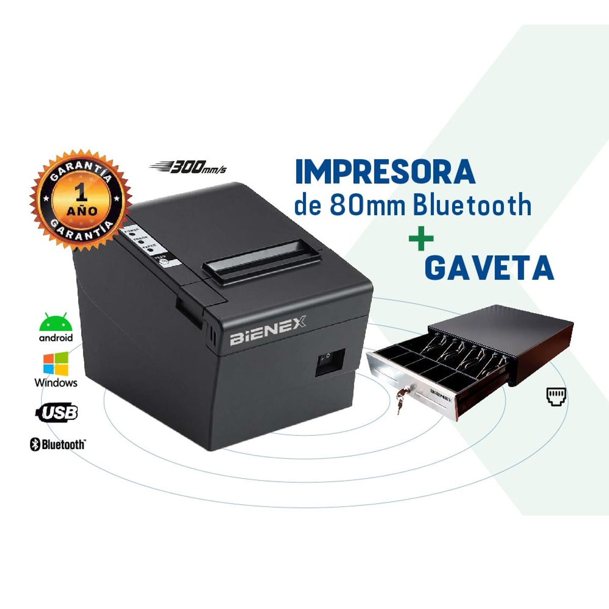 BIENEX - Impresora ticketera termica 80mm USB BLUETOOTH BIENEXGaveta de dinero.