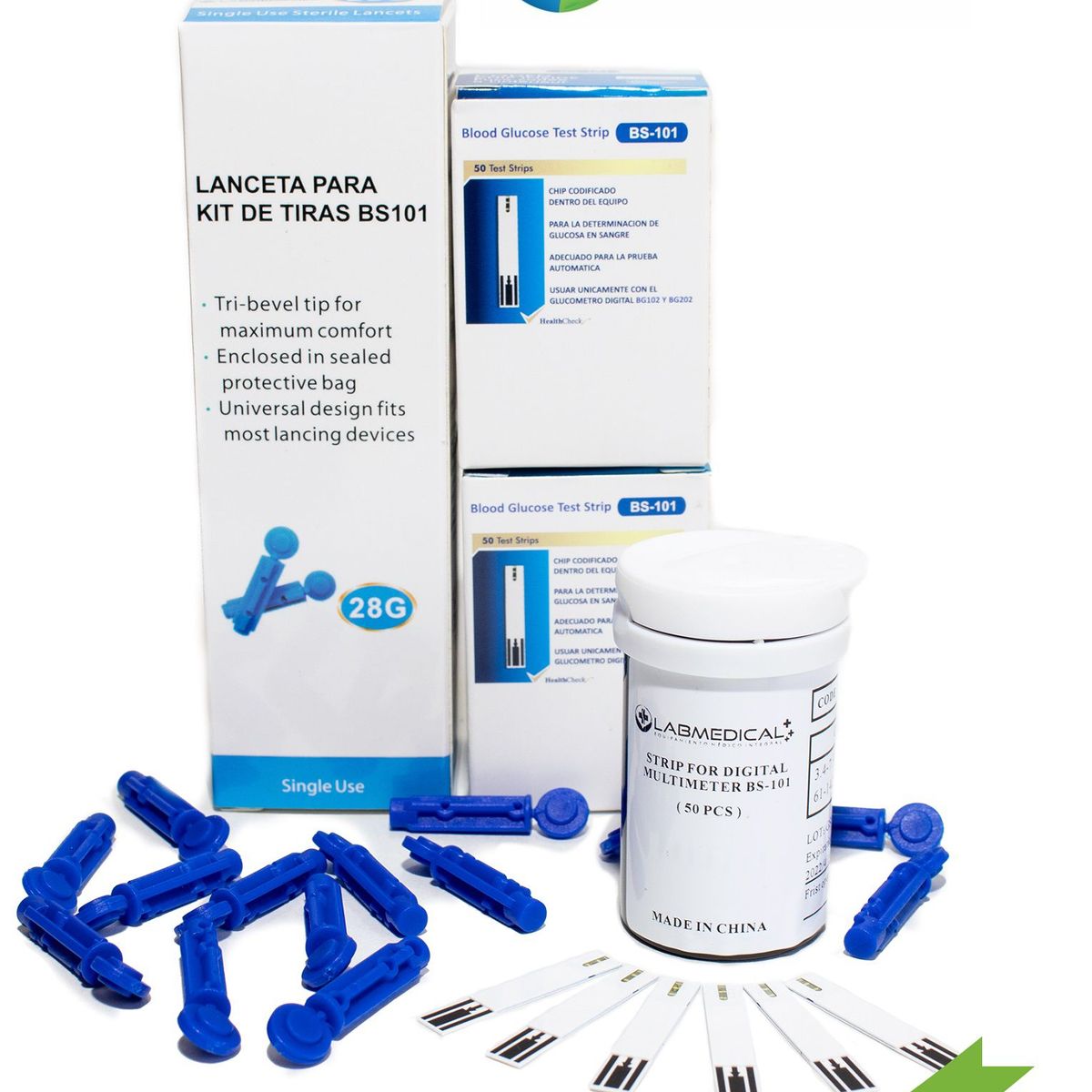 LABMEDICAL - 100 TIRAS  BS101+ 100 LANCETAS  PARA GLUCOMETRO LABMEDICAL BG102 / BG202