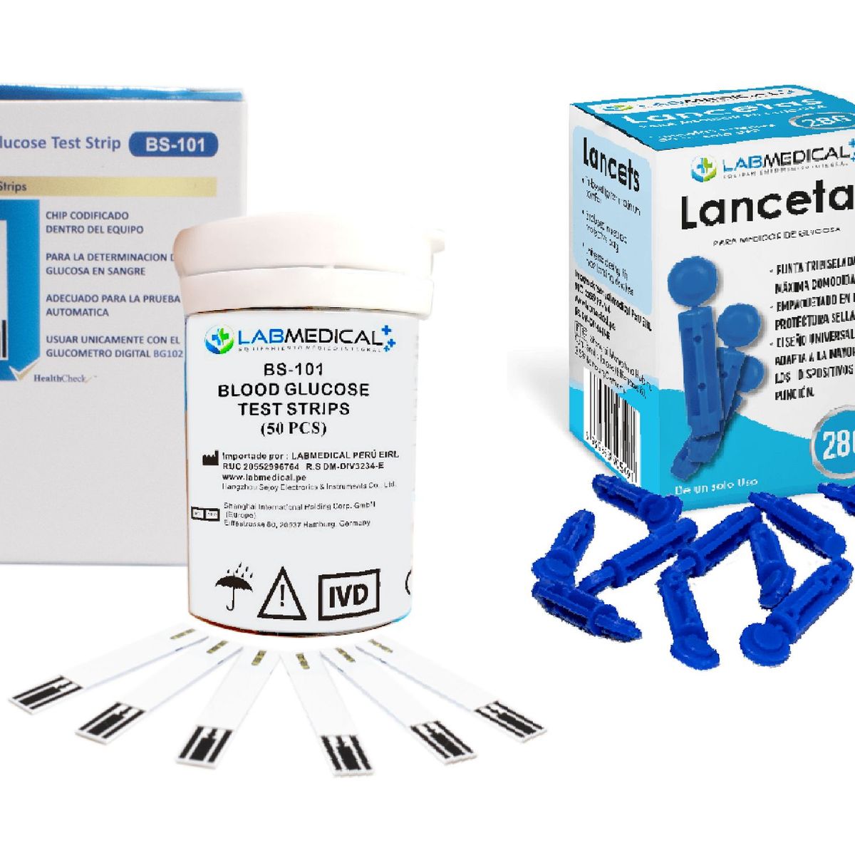 LABMEDICAL - 100 TIRAS  BS101+ 100 LANCETAS  PARA GLUCOMETRO LABMEDICAL BG102 / BG202