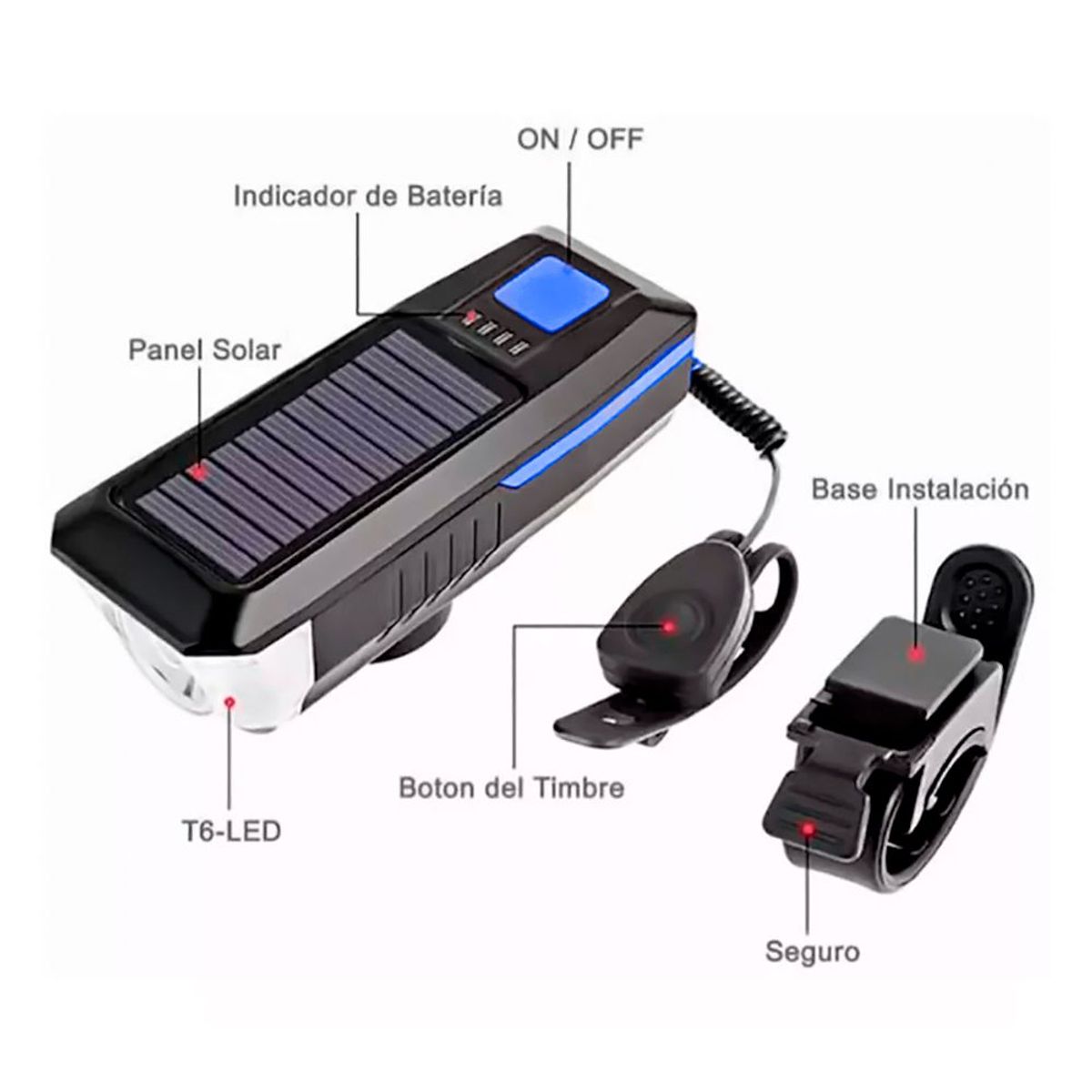 GENERICO - Luces Led Bicicleta Scooter Delantera con Timbre  Solar Recargable - Azul
