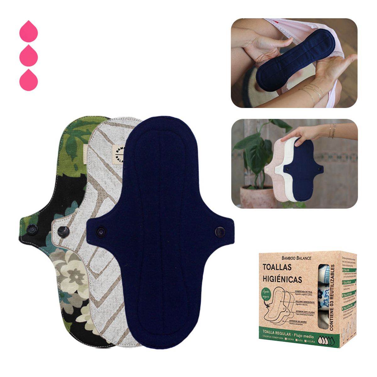 BAMBOO BALANCE - Toalla Higiénica Femenina de Tela - Tripack - Regular - Azul