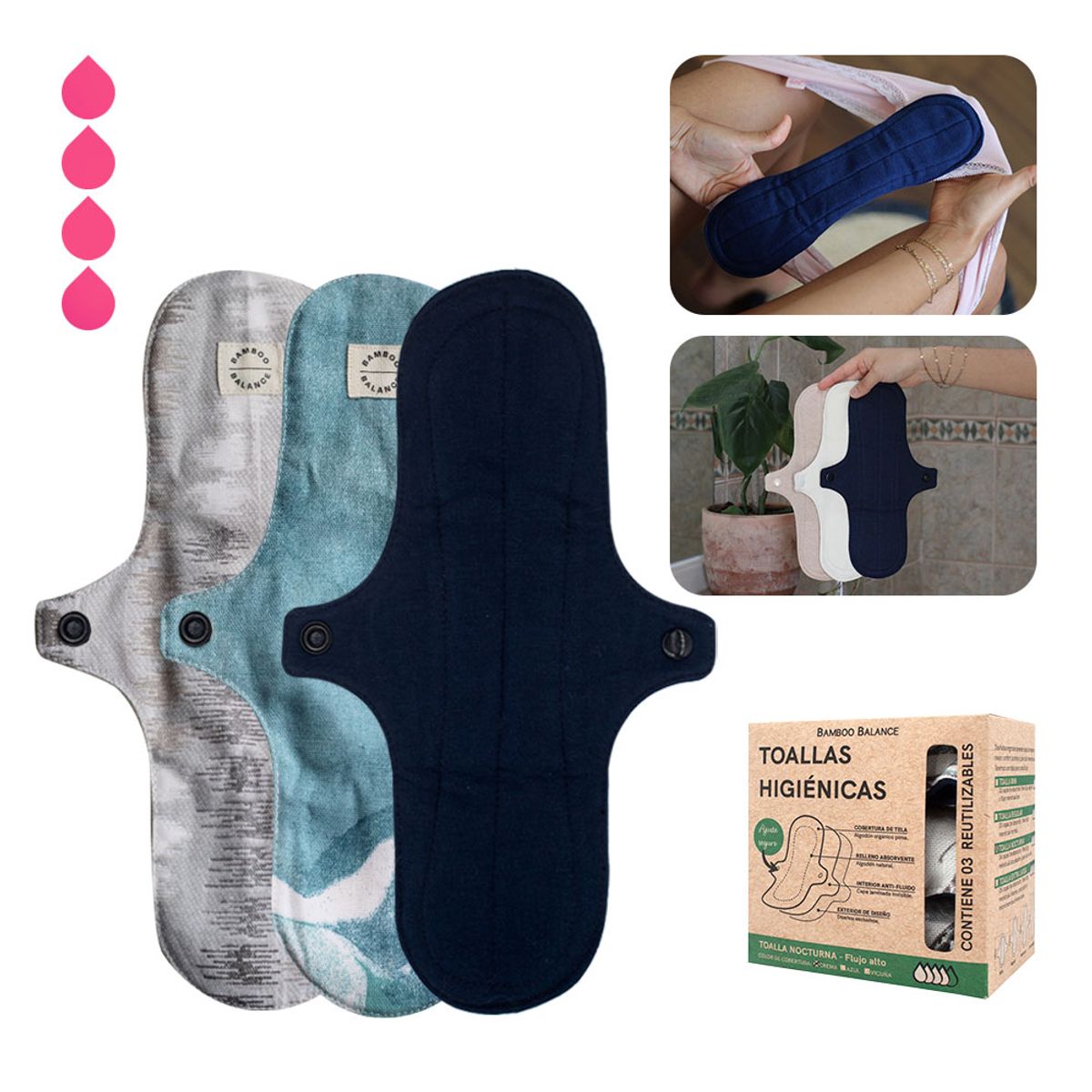 BAMBOO BALANCE - Toalla Higiénica Femenina de Tela - Tripack - Nocturna - Azul