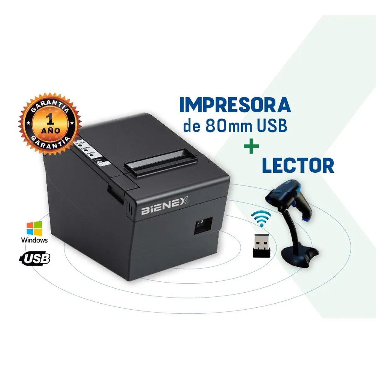 BIENEX - Impresora ticketera termica 80mm USB BIENEXLector codigo barra 1D